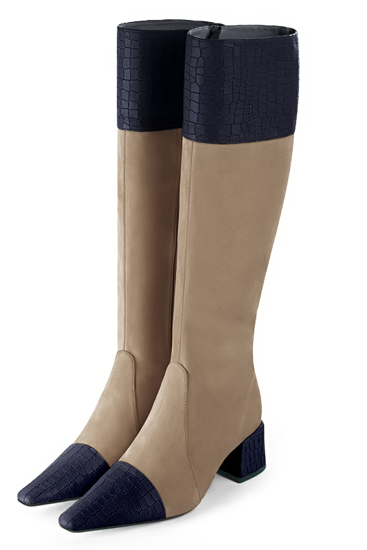 Navy blue and tan beige women's feminine knee-high boots. Tapered toe. Medium block heels. Made to measure. Front view - Florence KOOIJMAN